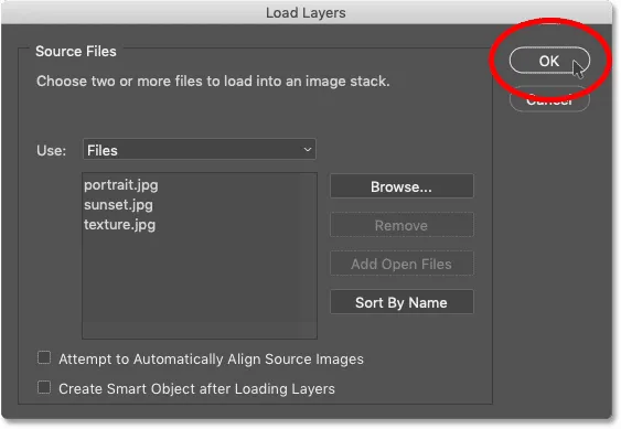 Опции загрузки фото в Photoshop