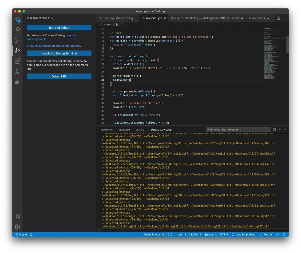 Отладка скриптов Photoshop в VSCode