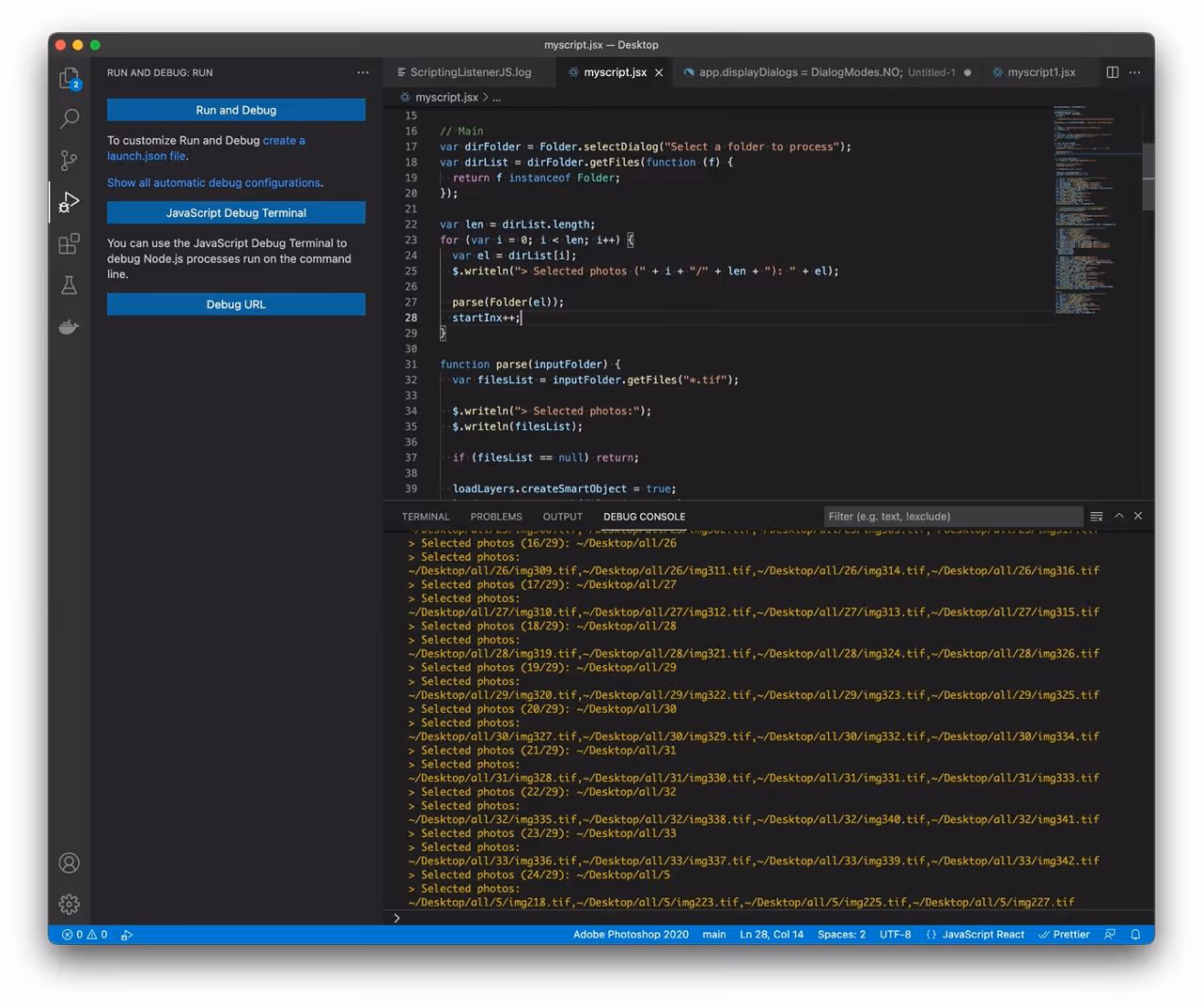 Отладка скриптов Photoshop в VSCode